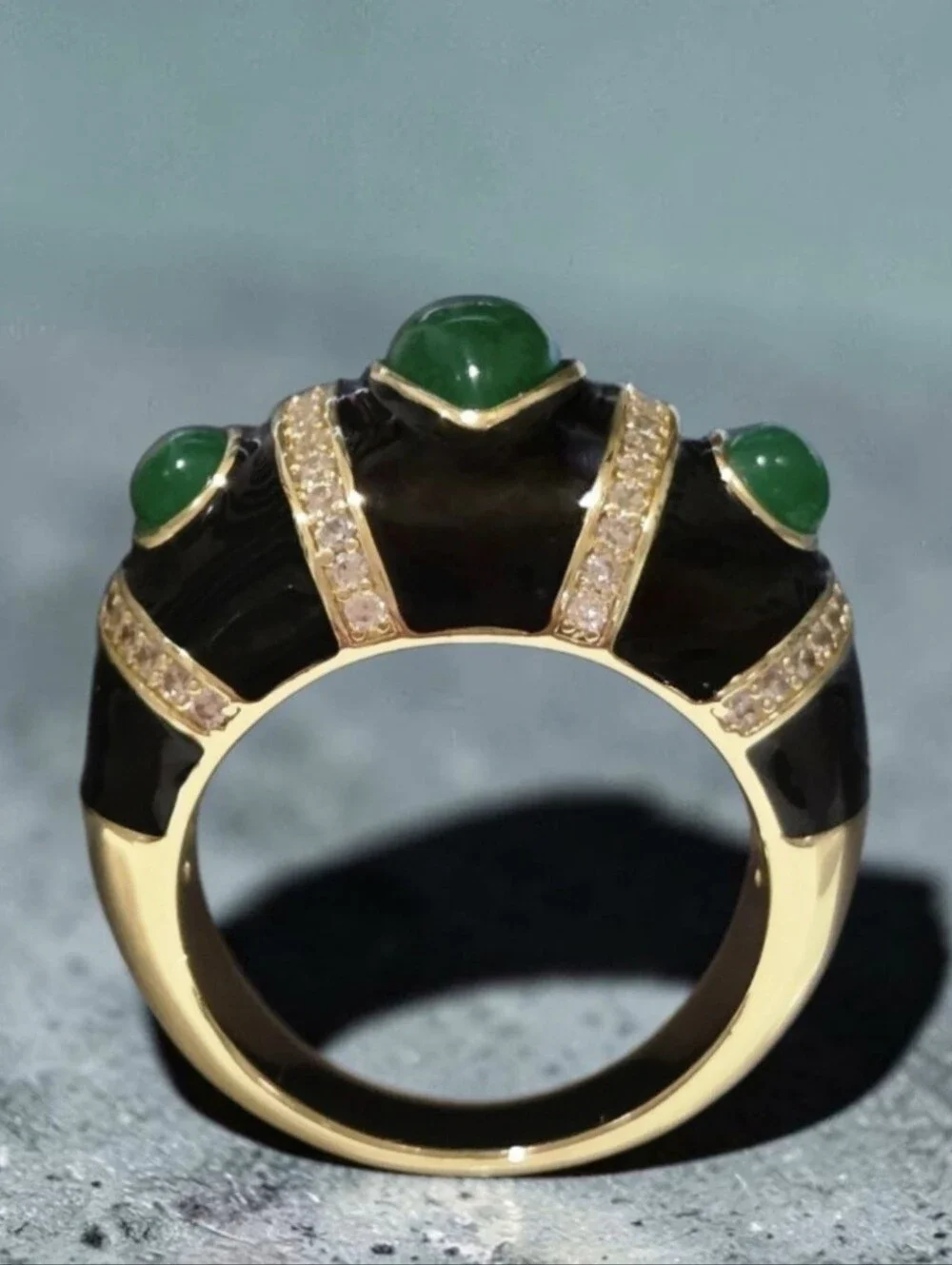 18k Gold Plated Luxury Onyx Enamel Green Onyx Cabochon Domed Statement Ring